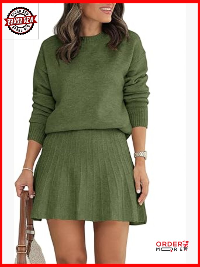 Womens 2 Piece Skirt Set Long Sleeve Knit Top Pleated Mini Skirt Lounge Set
